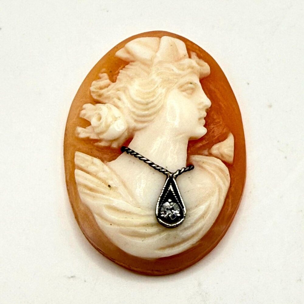 Signed Hand Carved Italian Shell Habillé Cameo • Genuine Diamond Necklace • Loos
